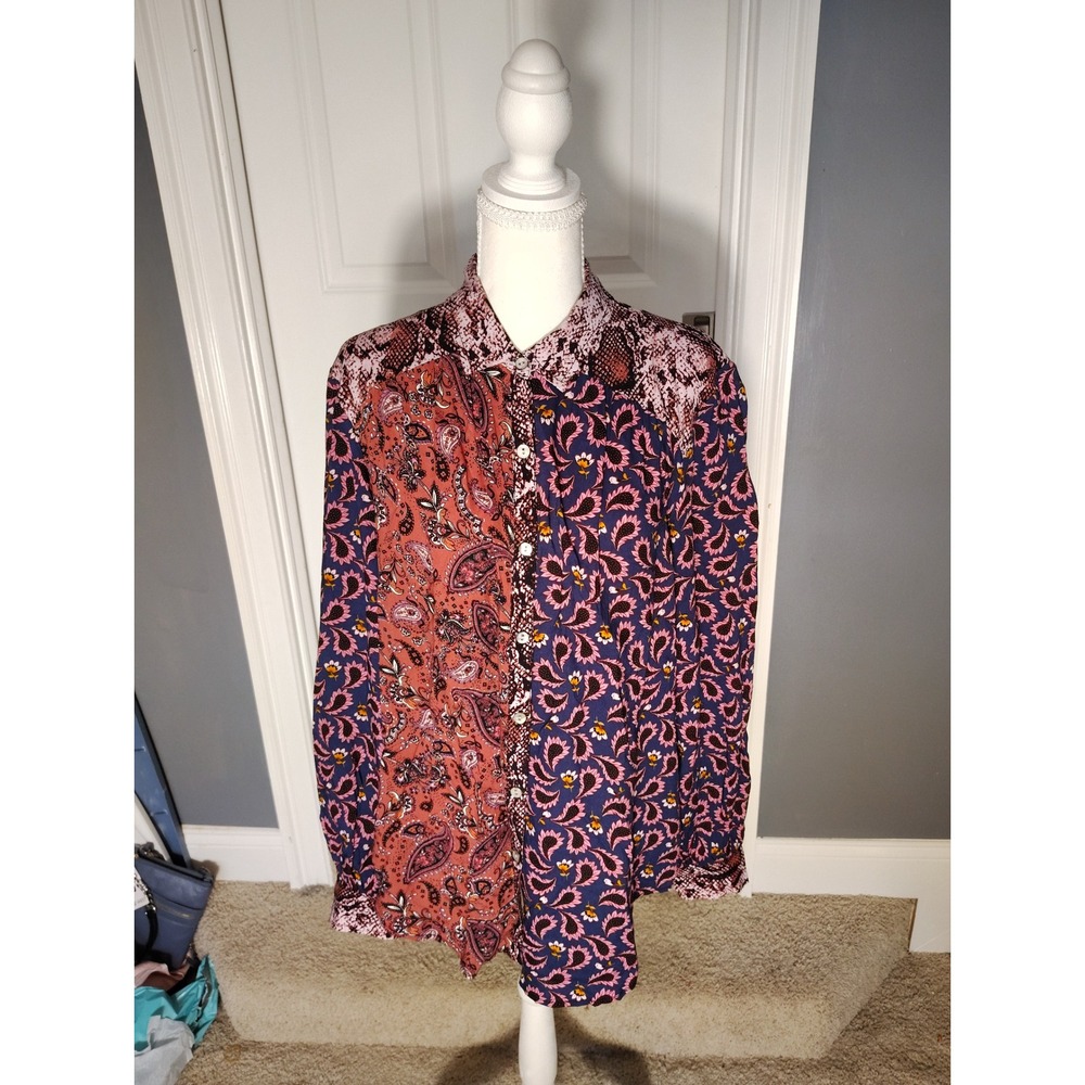Beachlunchlounge Mixed Print Paisley Snakeskin Button Down Shirt Womens Medium